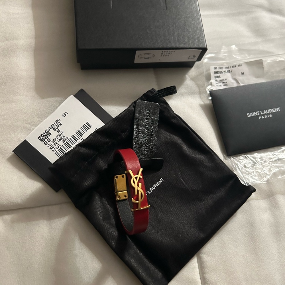 Yves Saint Laurent YSL leather bracelet red monogram gold